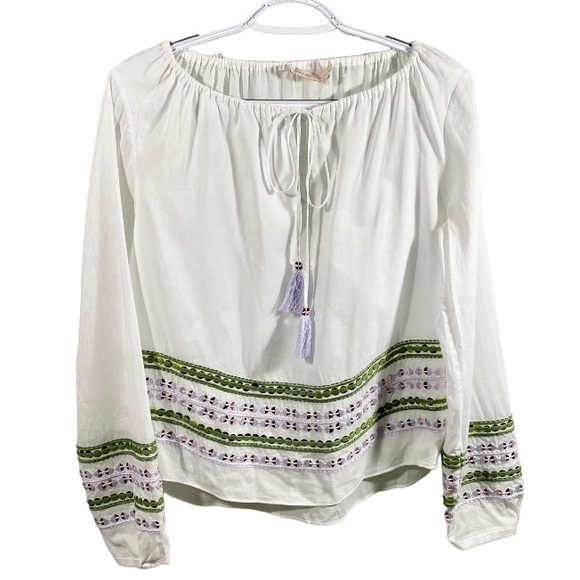 Tory Burch Madeline White Peasant Blouse with Purple and Green Detail 2 - Picture 2 of 10